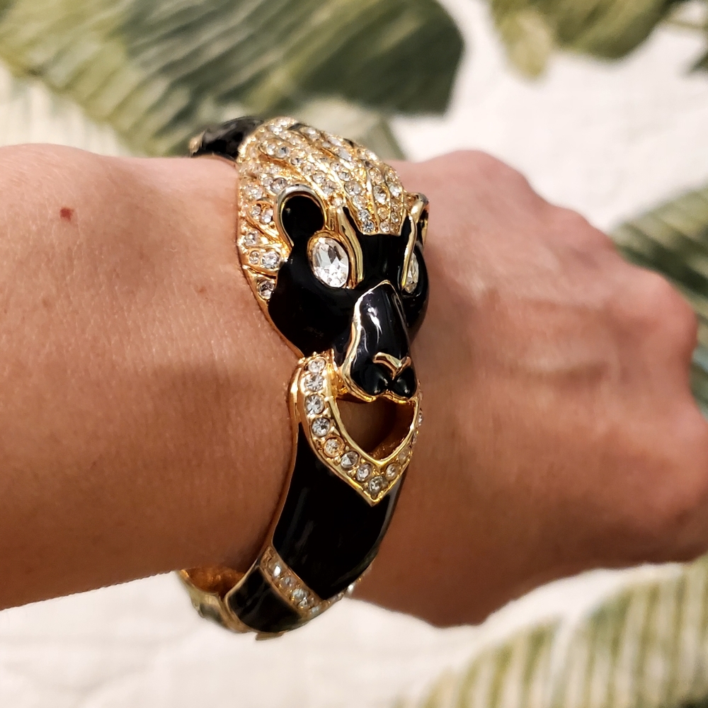 Vtg 80's rare GIORGIO black panther rhinestone hinge bracelet